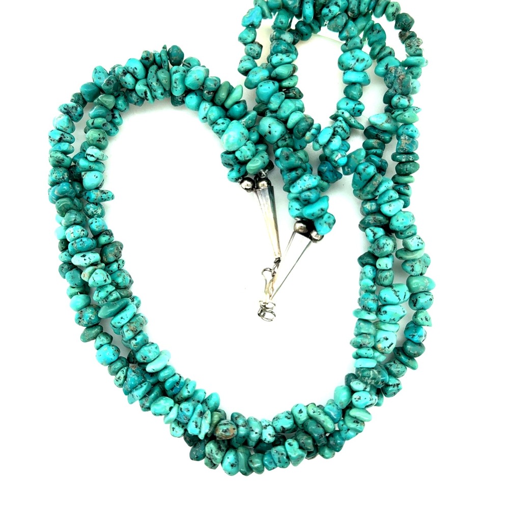 Vintage Southwestern Sterling Silver 3 Strand Turquoise Nugget Necklace 18in